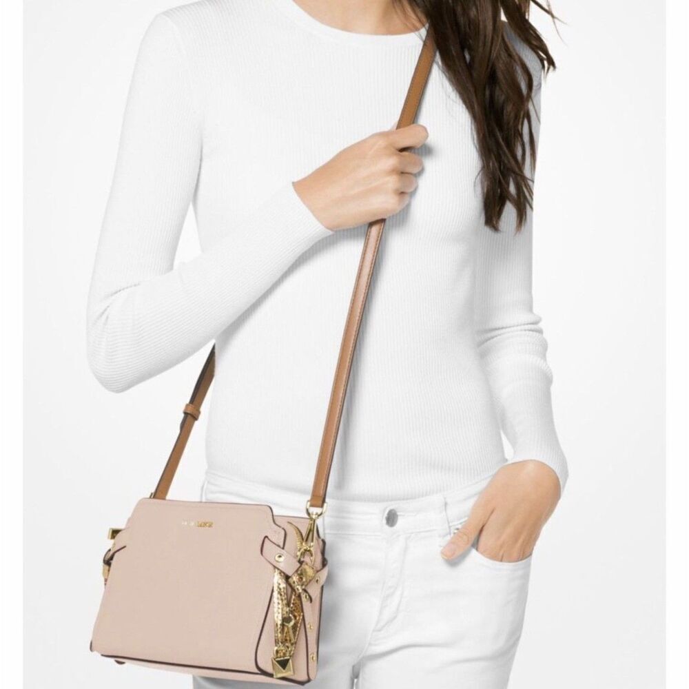 Michael Kors Bristol Messenger Bag Purse Crossbody Pebbled Leather Pale Pink